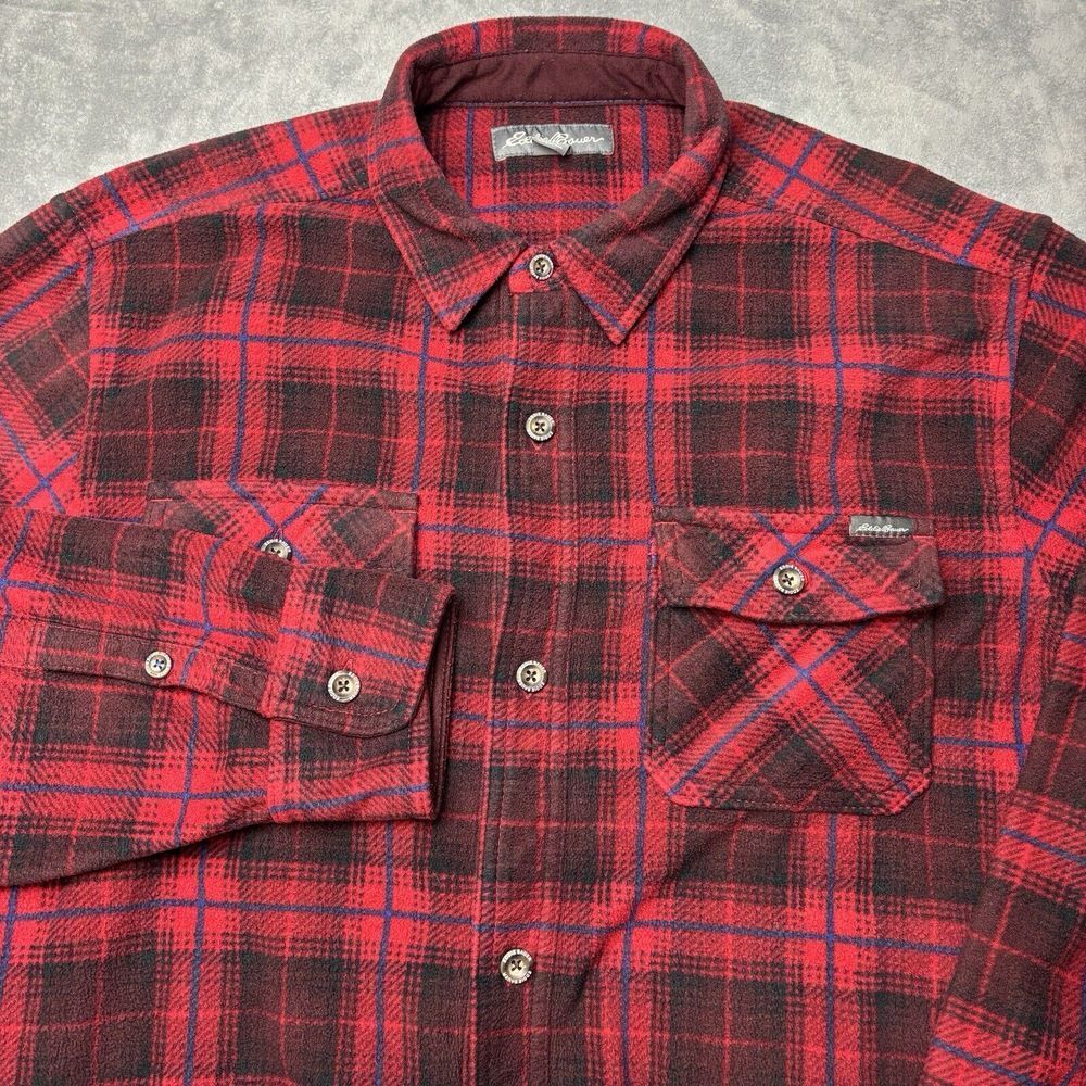 Men's Sz‎ Tall Large Eddie Bauer Chutes Red Black Blue Plaid Fleece Shirt Jacket